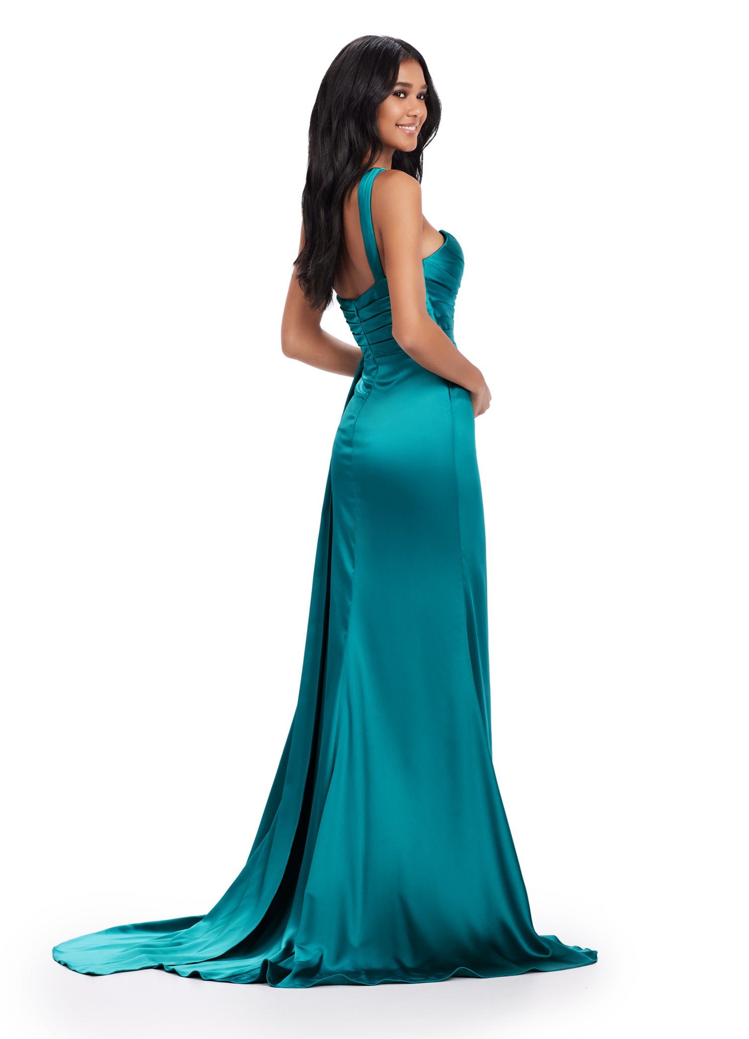 Effortlessly elegant, the Ashley Lauren 11576 Long Prom Dress is perfect for any formal occasion. The one shoulder design with ruched satin creates a sleek and sophisticated silhouette, while the slit adds a touch of glamour. Stand out in this pageant-worthy gown. Ashley Lauren Long Prom Dress One Shoulder Ruched Satin Gown Slit Formal Pageant Gown