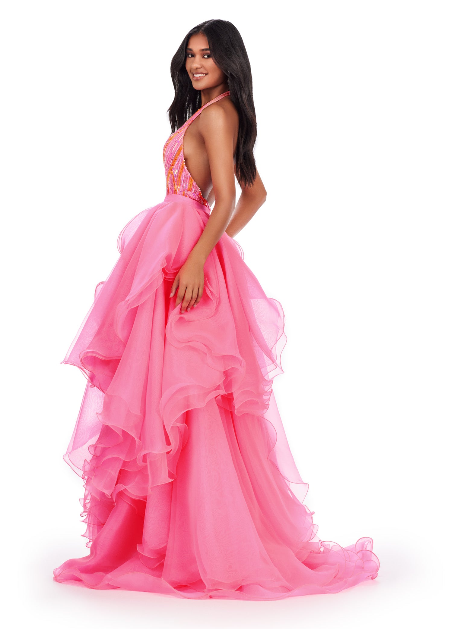 organza ruffle prom dress open lace back dress Sherri Hill Organza Ruffle Prom Dress 56127