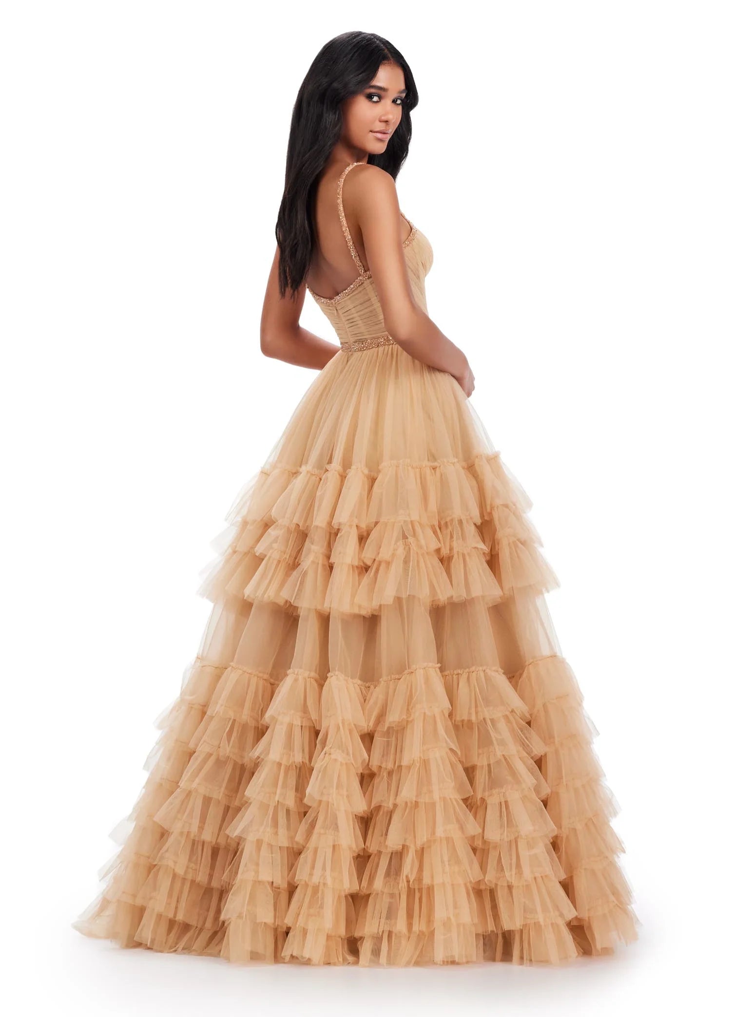 The Ashley Lauren11603 Long Tulle Ruffle Layer Ballgown Prom Dress is the perfect choice for your special occasion. With a beaded corset and ruffled layers for movement, this gown adds the perfect amount of glamour and elegance. Expertly tailored and designed, this dress will make you look and feel like royalty.