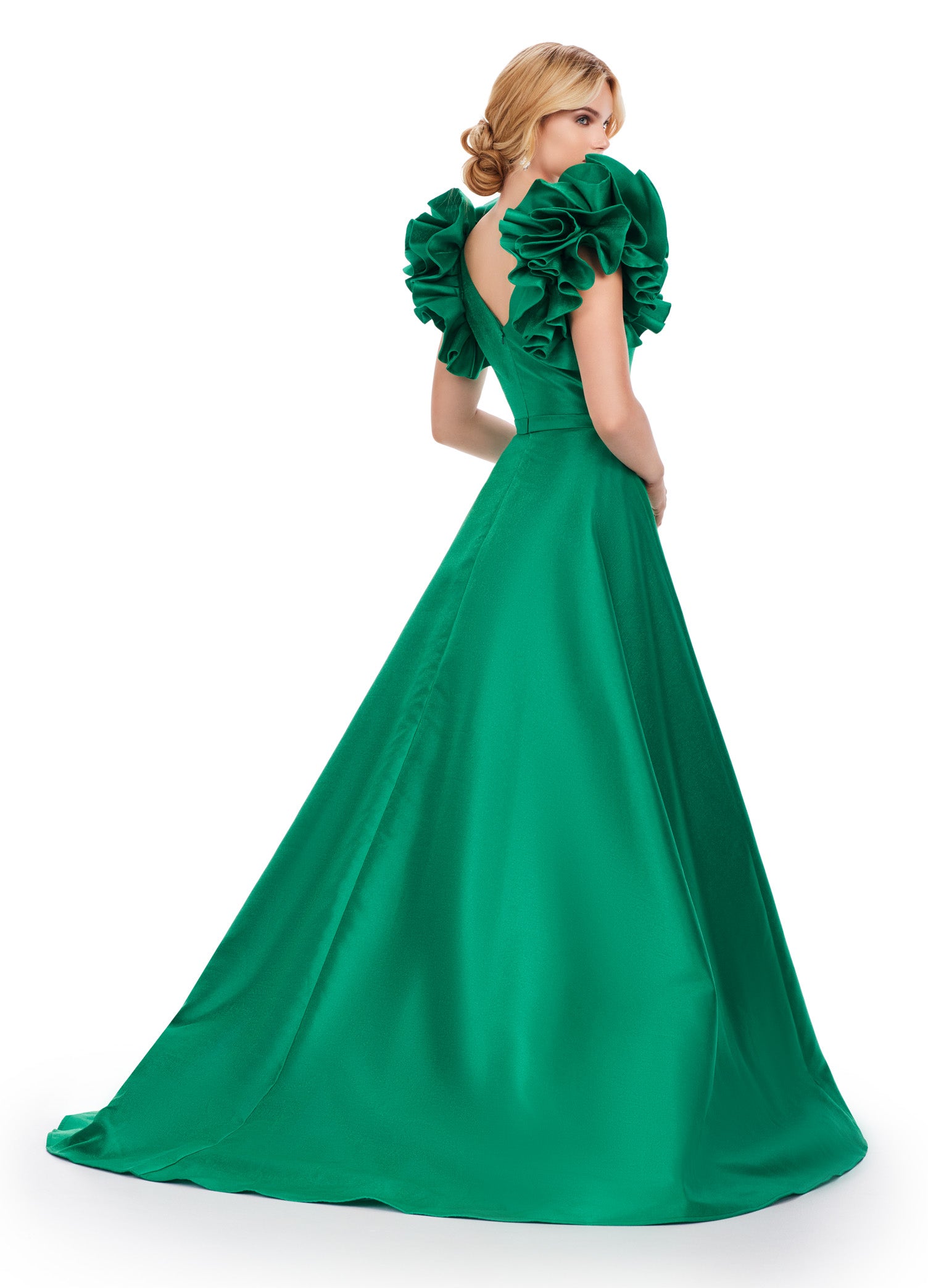 This Ashley Lauren 11610 Long Prom Dress boasts a V-neck and flattering ball gown silhouette in luxurious mikado fabric. The oversized ruffles add a touch of drama to this formal piece, perfect for pageants and other special occasions. Sleek and eye-catching, this dress is sure to make you stand out in any crowd. We're here for the drama! This A-line Mikado gown features a V-neckline and dramatic ruffle sleeves with a slit.