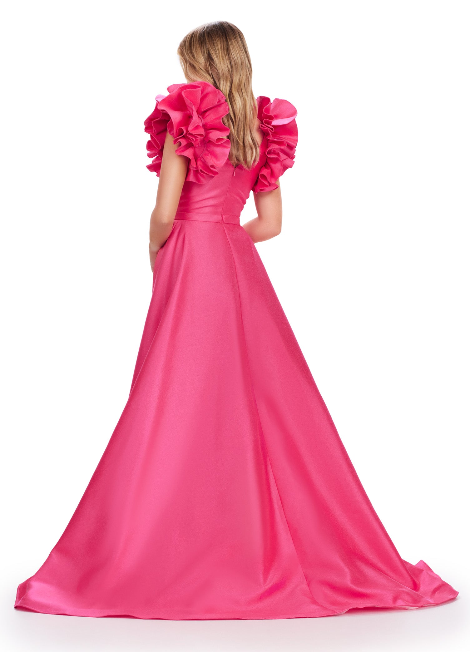 This Ashley Lauren 11610 Long Prom Dress boasts a V-neck and flattering ball gown silhouette in luxurious mikado fabric. The oversized ruffles add a touch of drama to this formal piece, perfect for pageants and other special occasions. Sleek and eye-catching, this dress is sure to make you stand out in any crowd. We're here for the drama! This A-line Mikado gown features a V-neckline and dramatic ruffle sleeves with a slit.