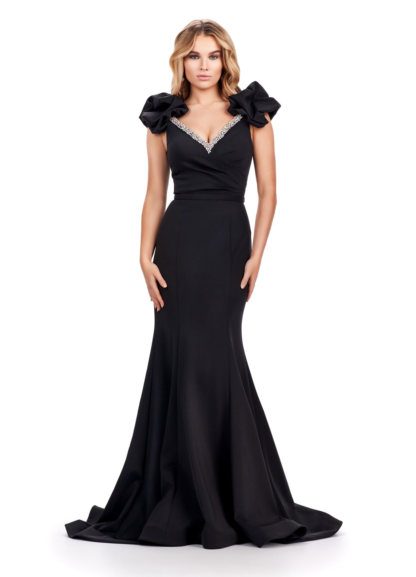 Ashley Lauren 11615 Long Prom Dress A-Line Scuba Gown Beaded Belt Puff Sleeves V Neck Formal Pageant Gown
