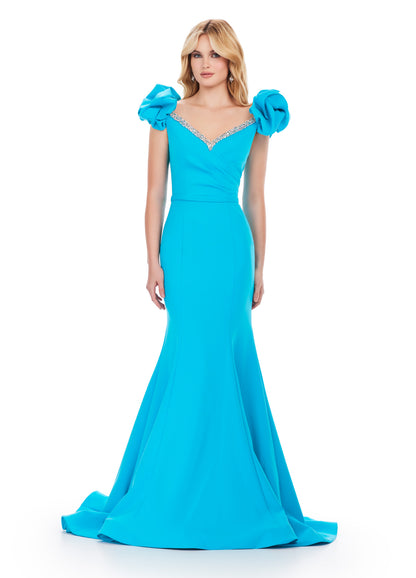 Ashley Lauren 11615 Formal Dress Scuba Puff Sleeves