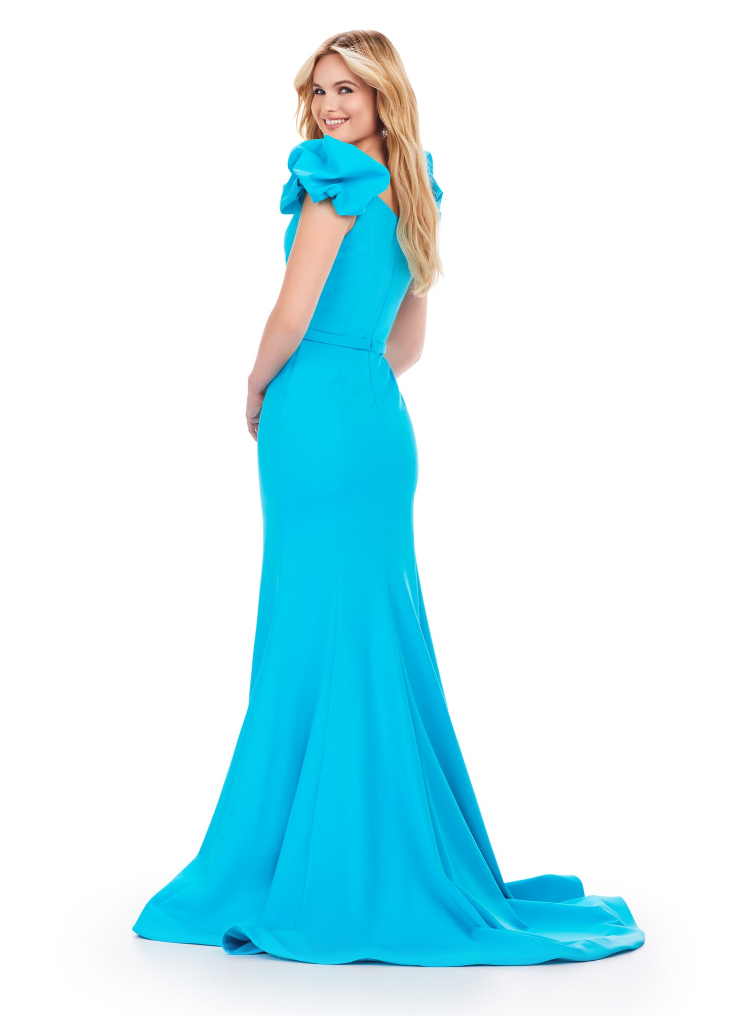 Ashley Lauren 11615 Long Prom Dress A-Line Scuba Gown Beaded Belt Puff Sleeves V Neck Formal Pageant Gown
