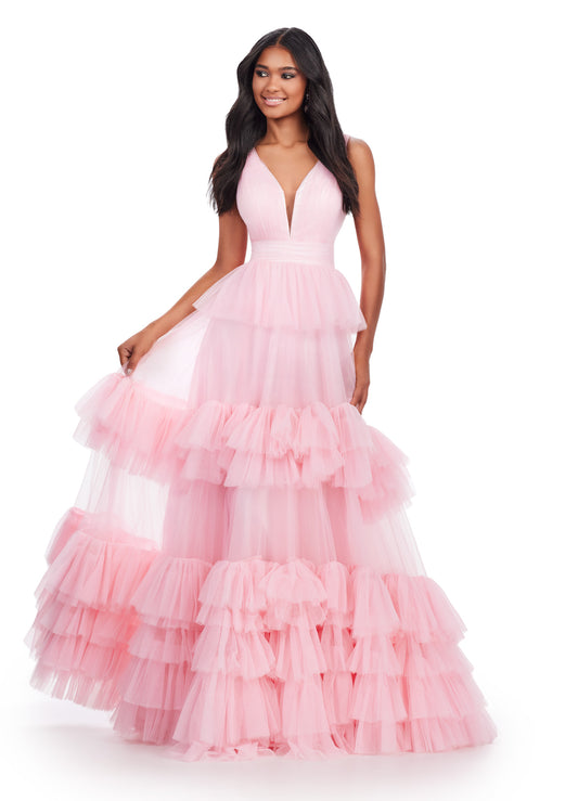 Elevate your formal wardrobe with the Ashley Lauren 11620 Long Prom Dress. Featuring a stunning V-neck, tiered tulle ball gown design, this dress will make you stand out at any event. Made with high-quality materials, it combines elegance and comfort for a truly unforgettable look. The dreamy ball gown features a v-neckline bustier accented by a multi-tiered tulle ruffle skirt.
