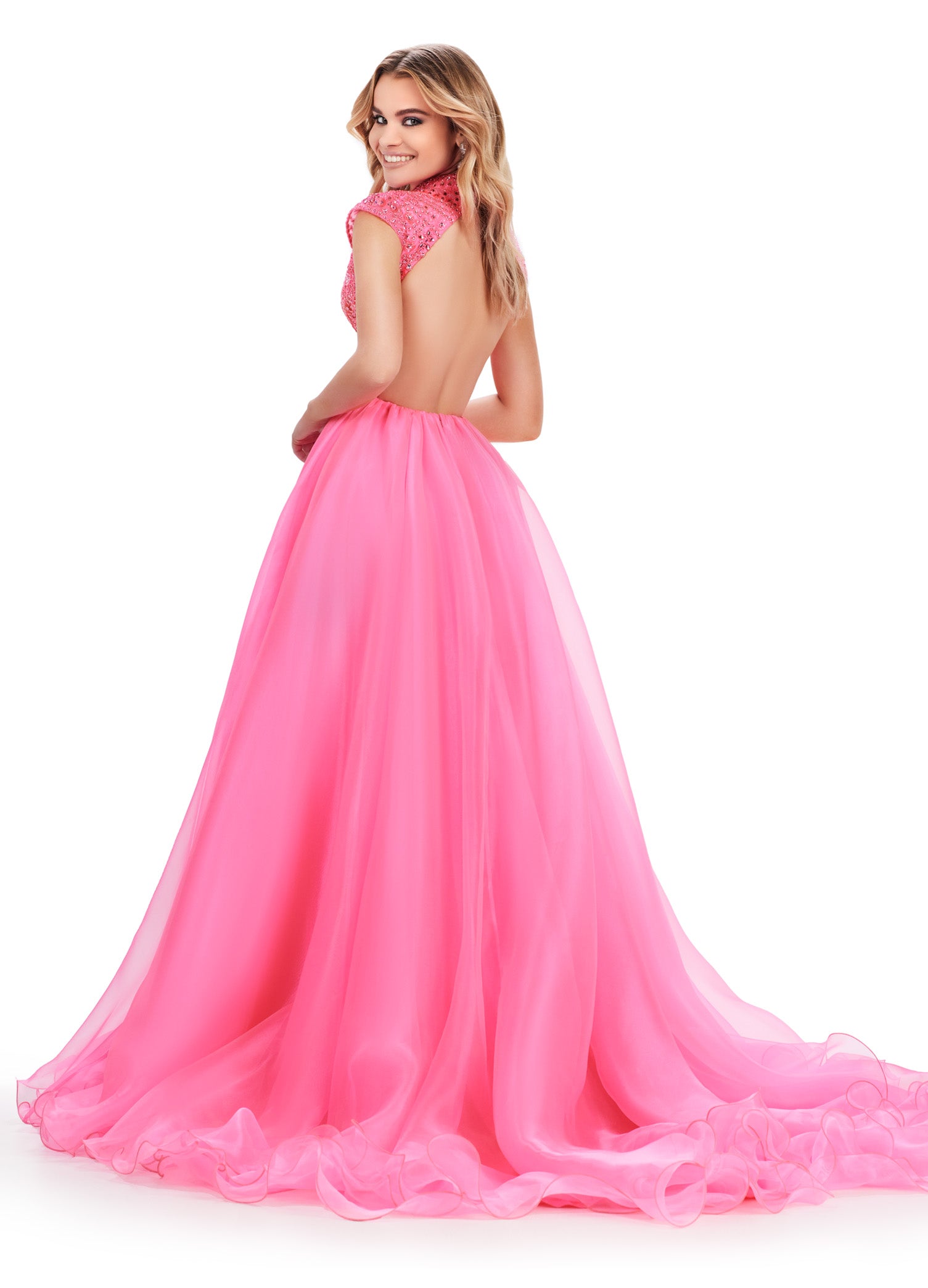 This Ashley Lauren 11630 Long Prom Dress is a stunning high neck organza ball gown with elegant cap sleeves. Perfect for formal events and pageants, this dress exudes sophistication and style. Made with quality materials, it offers both comfort and luxury for a truly special occasion. This organza ball gown features a fully beaded bodice with cap sleeves and a high neckline. The open back makes this dress extra fabulous!