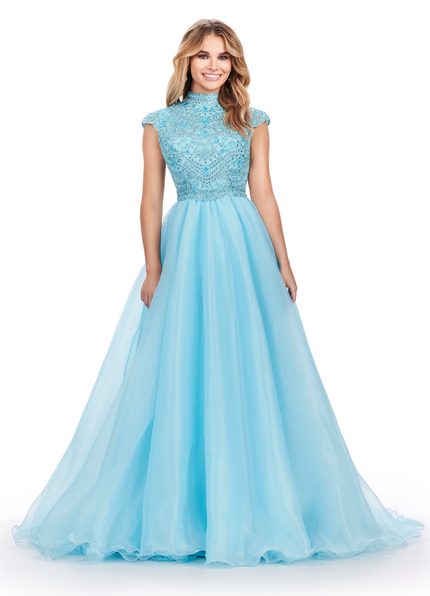 This Ashley Lauren 11630 Long Prom Dress is a stunning high neck organza ball gown with elegant cap sleeves. Perfect for formal events and pageants, this dress exudes sophistication and style. Made with quality materials, it offers both comfort and luxury for a truly special occasion. This organza ball gown features a fully beaded bodice with cap sleeves and a high neckline. The open back makes this dress extra fabulous!