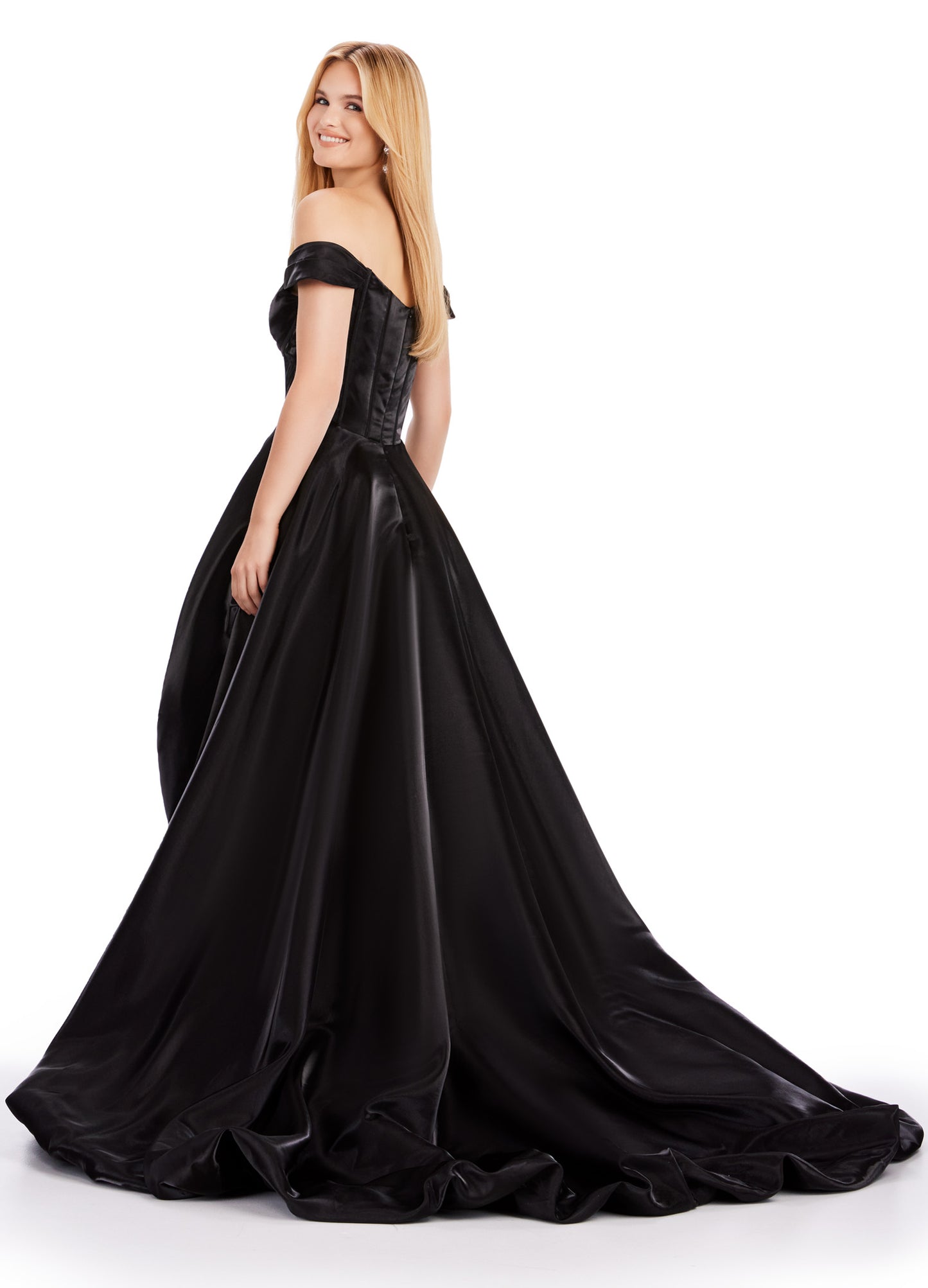 Experience effortless elegance in the Ashley Lauren 11641 Long Prom Dress. Featuring an off-shoulder neckline and high-low satin gown, this formal pageant gown exudes glamour and sophistication. Perfect for making a grand entrance and turning heads at any event. This glamorous satin off the shoulder high low bubble hem gown features a corset style bodice.