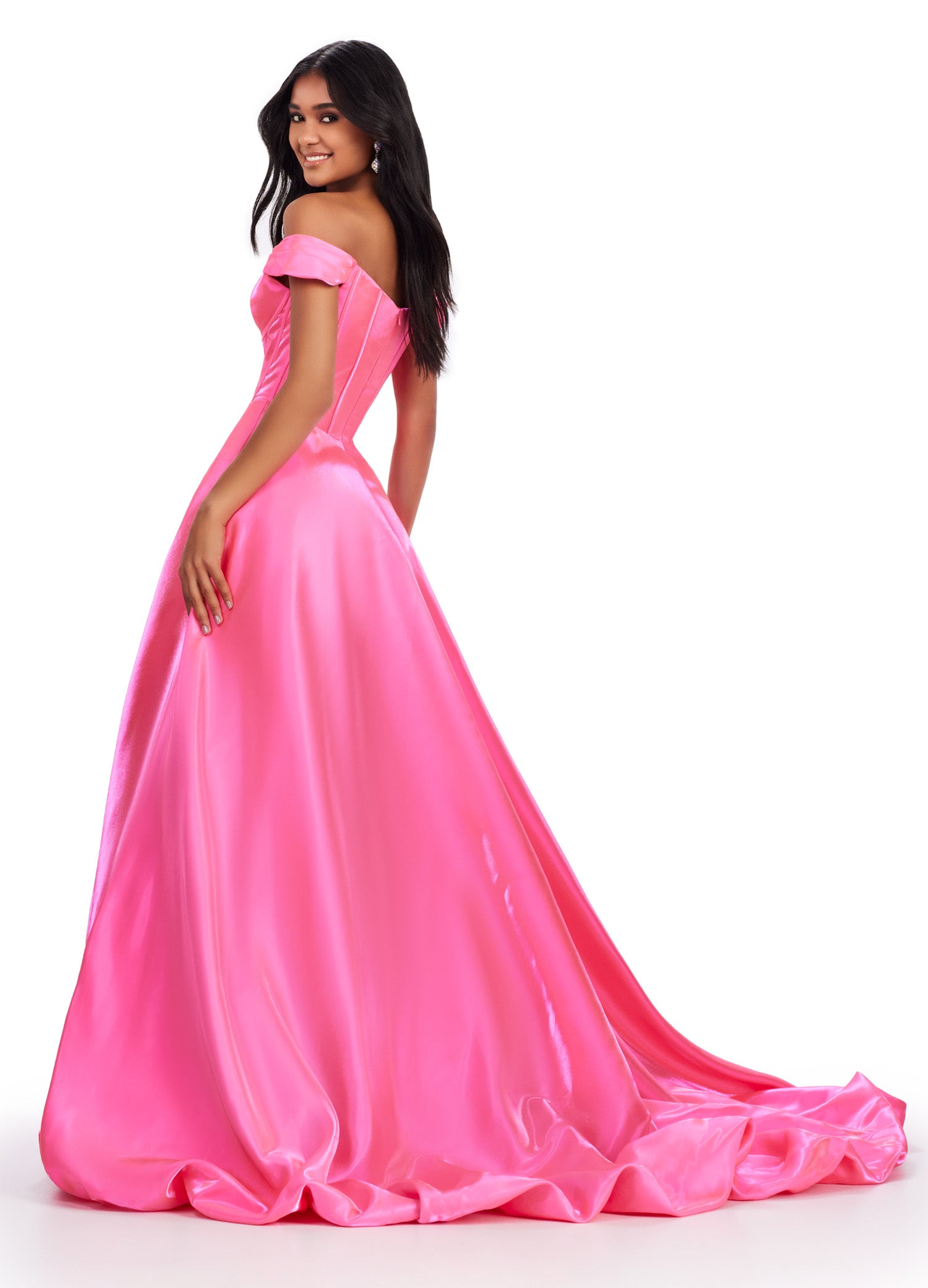 Experience effortless elegance in the Ashley Lauren 11641 Long Prom Dress. Featuring an off-shoulder neckline and high-low satin gown, this formal pageant gown exudes glamour and sophistication. Perfect for making a grand entrance and turning heads at any event. This glamorous satin off the shoulder high low bubble hem gown features a corset style bodice.