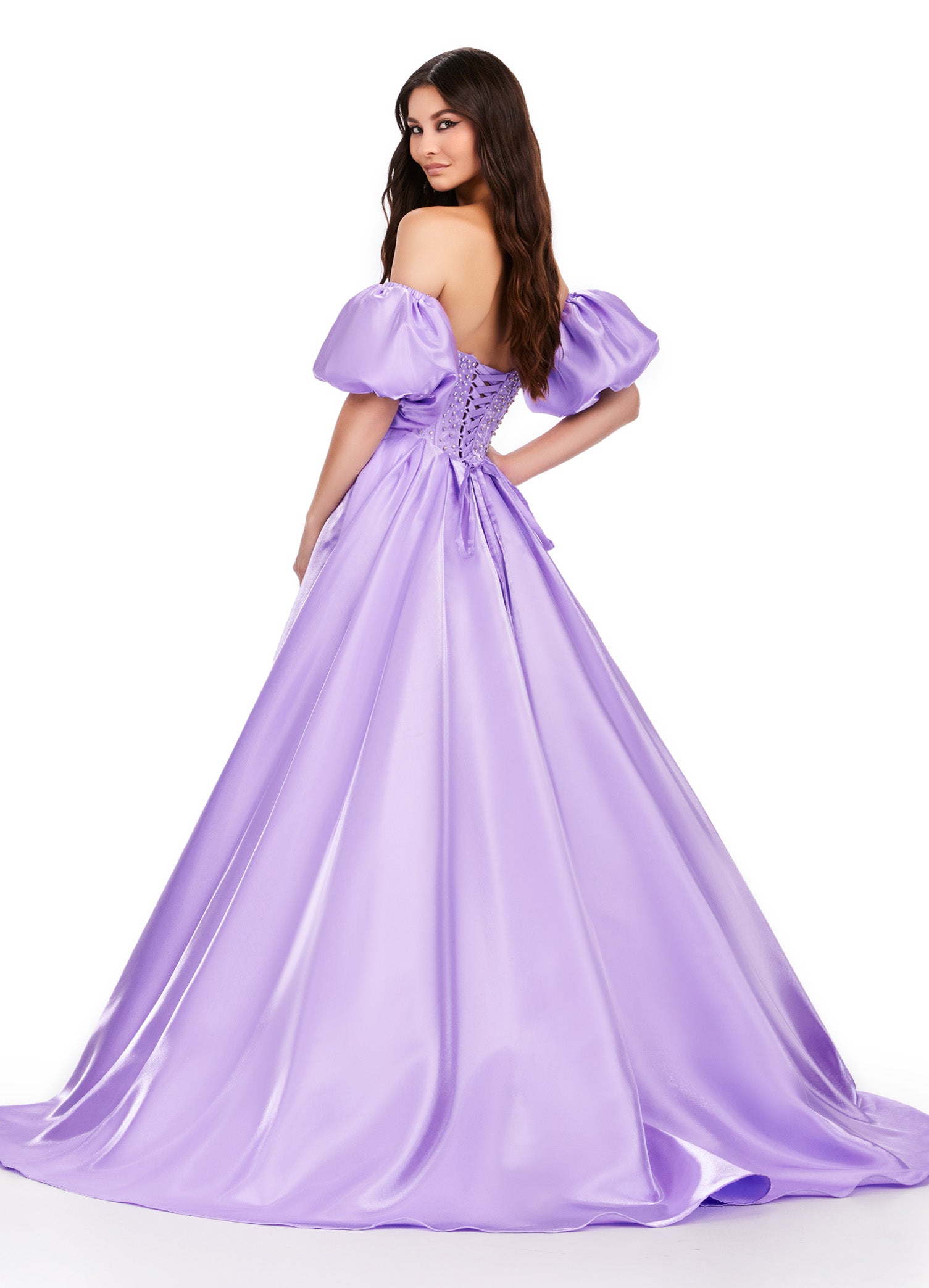 Ashley Lauren 11642 Satin A Line Crystal Corset Prom Dress Puff Sleeve  Ballgown Pageant