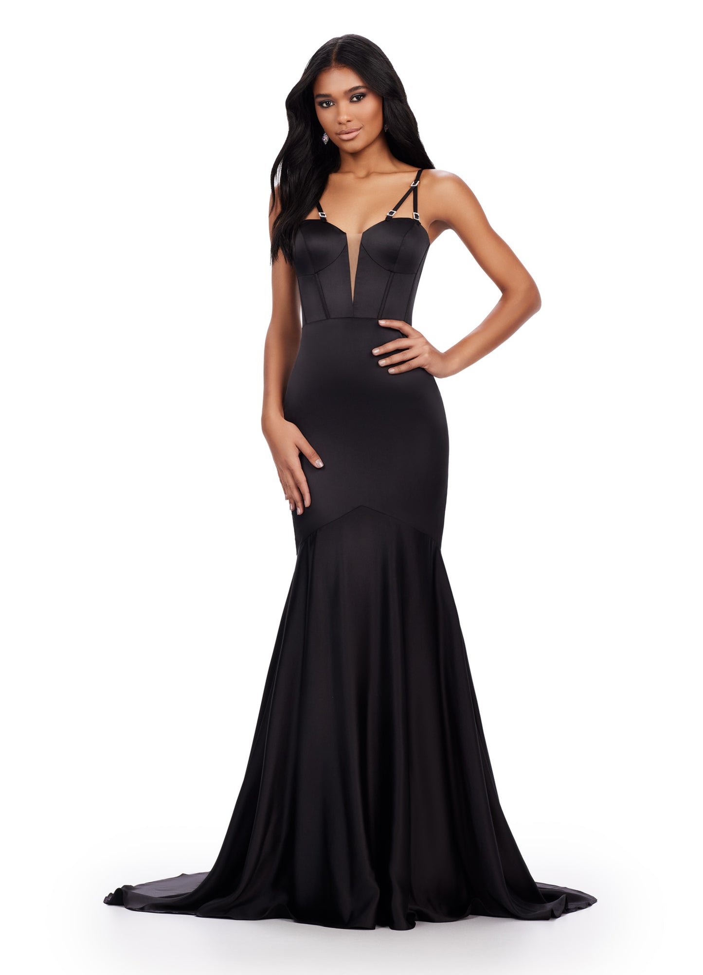 Achieve a stunning look in the Ashley Lauren 11644 Long Prom Dress. With a mermaid silhouette, corset bodice, and spaghetti straps, this formal gown is both flattering and elegant. Adorned with intricate beaded details, it's the perfect choice for prom or pageants. Make a statement and turn heads with this exquisite dress. Classy and timeless! This satin spaghetti strap gown features a corset bustier and beaded details on the straps.