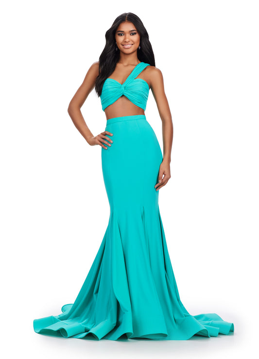 Expertly crafted by Ashley Lauren, the 11646 Long Prom Dress is a stunning two-piece gown fit for any formal occasion. Made with scuba fabric, the ruched one-shoulder bustier adds a touch of elegance to this pageant-worthy dress. Impress with impeccable style and grace. Two piece dreams! This two piece scuba gown features a ruched one shoulder bustier and a ruched detailed skirt.