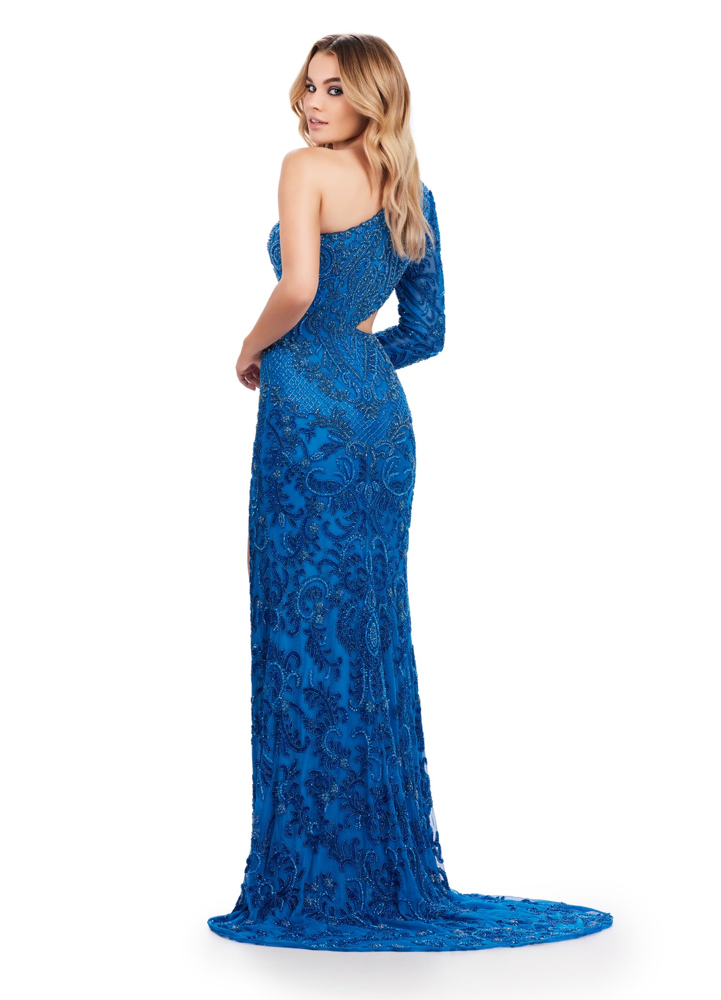 The Ashley Lauren 11649 Long Prom Dress is an elegant and unique choice for any formal occasion. The one shoulder design is complemented by a striking one sleeve cut out and intricate beaded detailing. The feather cuff adds a touch of glamour to this stunning pageant gown. Make an entrance in this fully beaded gown. This intricately beaded one shoulder gown is accented by side cut out and feather cuff sleeve. The look is complete with a sweep train and left leg slit.