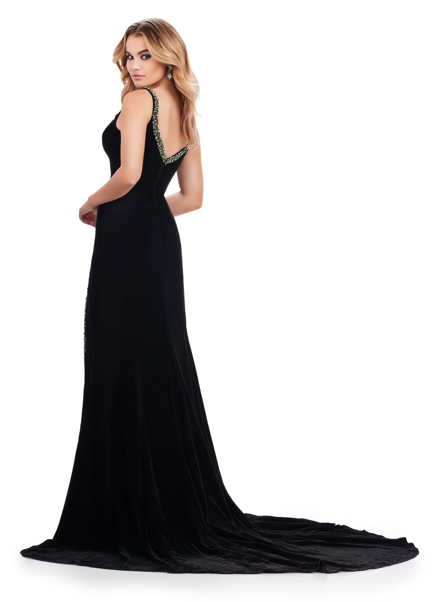 Elevate your formal look with the Ashley Lauren 11653 Long Prom Dress. This elegant velvet gown features a v-neckline and intricate beaded details, adding a touch of glamour to your ensemble. The slit adds a modern touch, while the pageant-worthy design makes this dress perfect for any special occasion. Regal and fabulous. This V-neck velvet gown features beadwork that trims the neckline. The look is complete with a left leg slit.