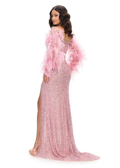 Ashley Lauren 11667 Beaded Evening Gown Long Sleeves Feathers Sweetheart Neckline High Slit