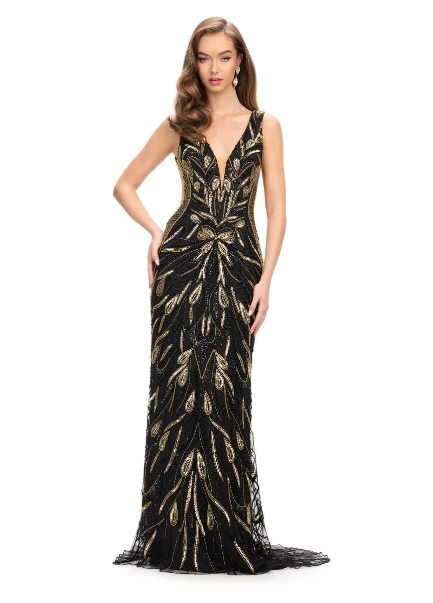 Ashley Lauren 11669 Long Prom Dress Fitted Fully Beaded  Cut Outs V Back Formal Pageant Gown