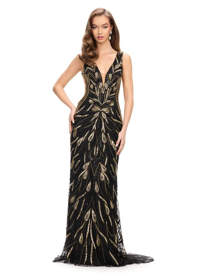 Ashley Lauren 11669 Long Prom Dress Fitted Fully Beaded  Cut Outs V Back Formal Pageant Gown