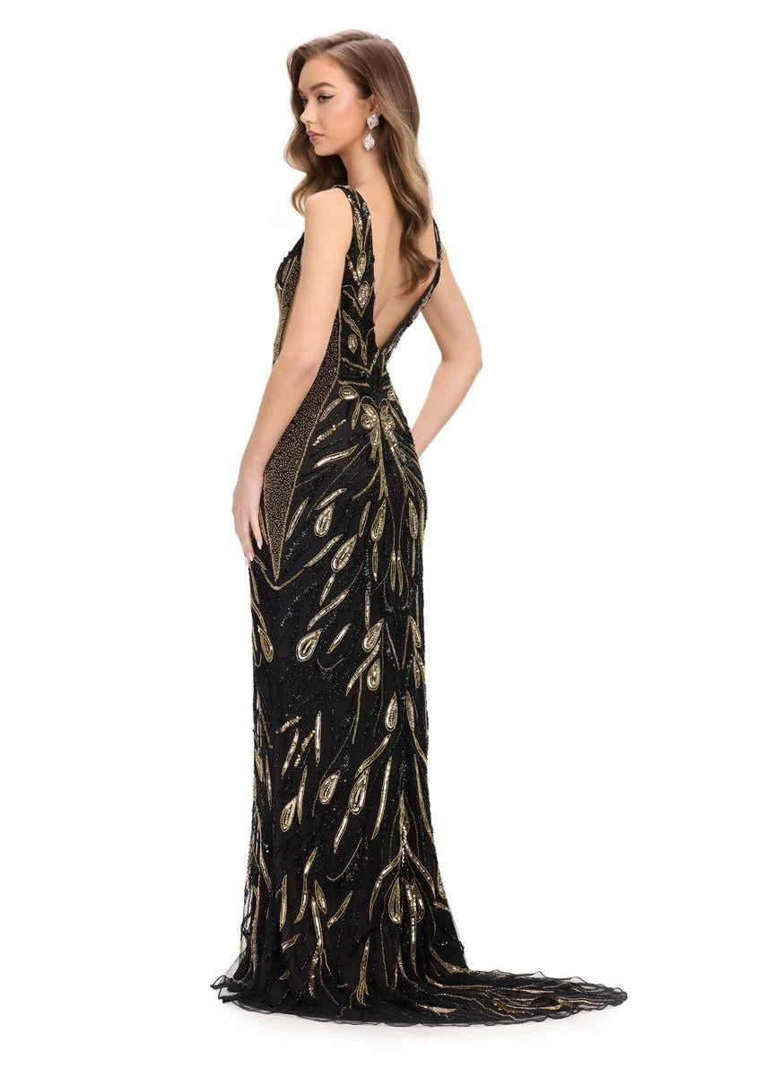 Ashley Lauren 11669 Long Prom Dress Fitted Fully Beaded  Cut Outs V Back Formal Pageant Gown