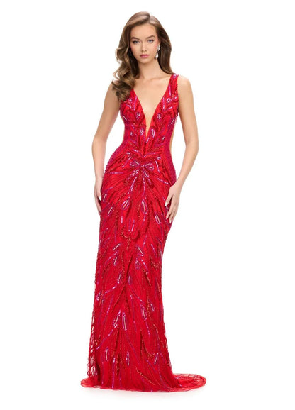 Ashley Lauren 11669 Long Prom Dress Fitted Fully Beaded  Cut Outs V Back Formal Pageant Gown