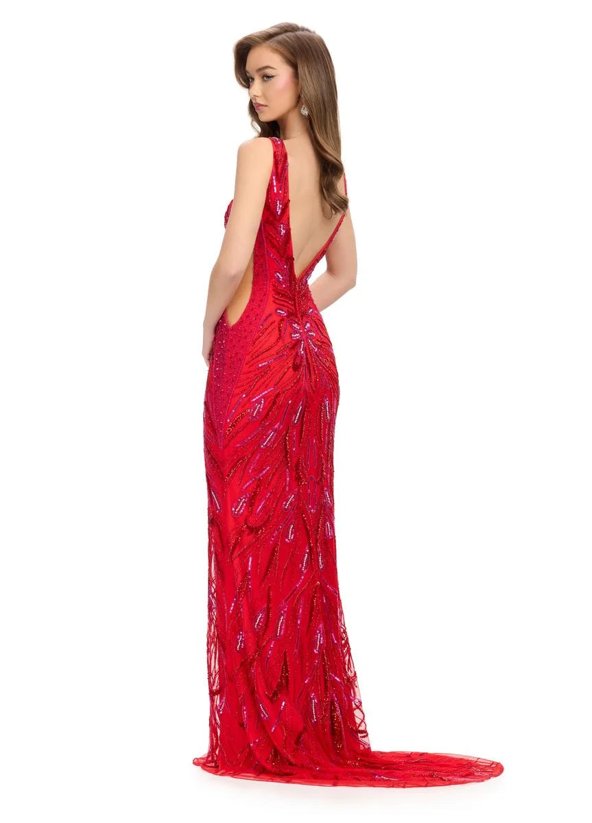 Ashley Lauren 11669 Long Prom Dress Fitted Fully Beaded  Cut Outs V Back Formal Pageant Gown