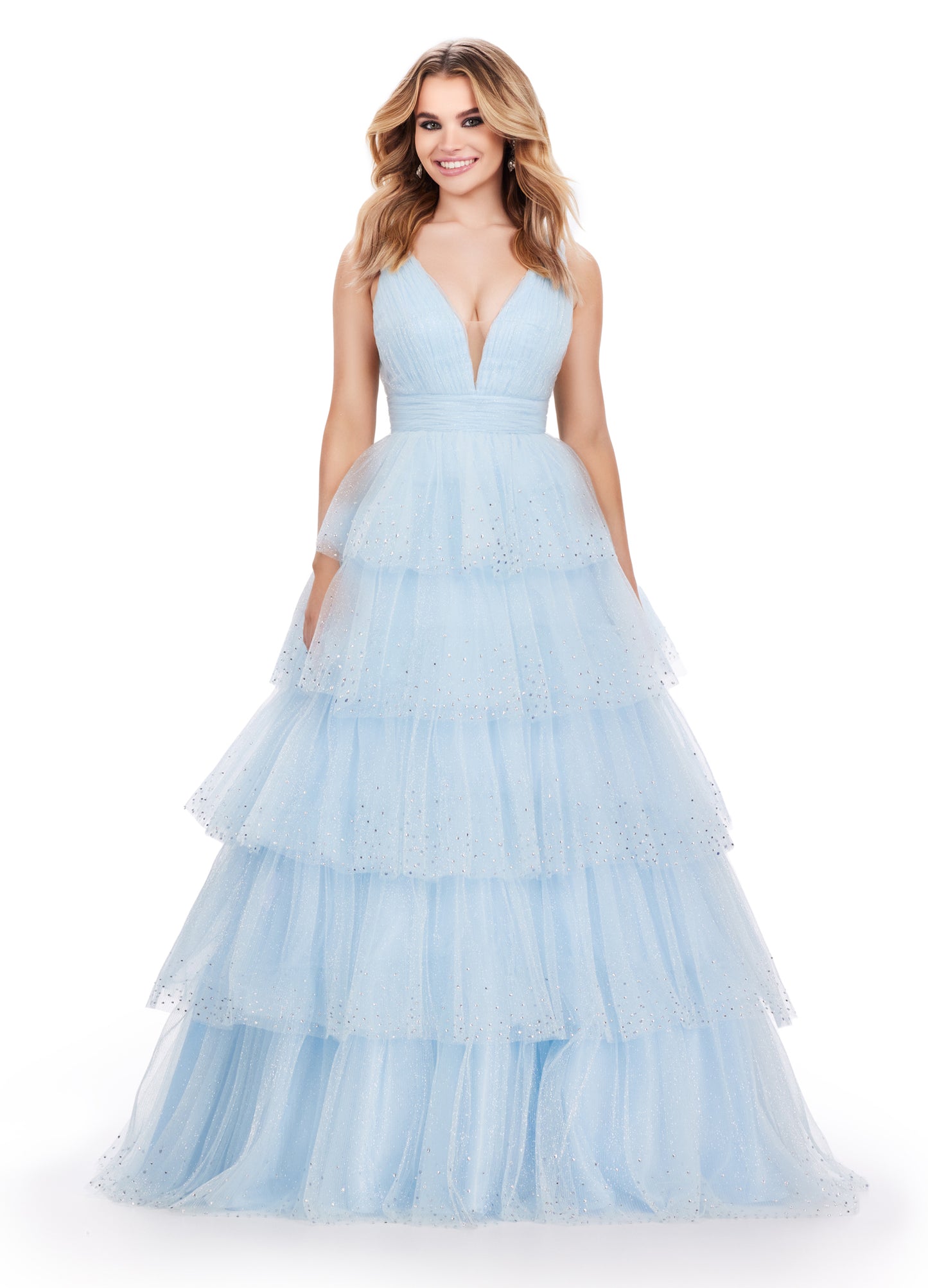 Ashley Lauren 11672 Long Layered Tulle Crystal Ball Gown Prom Dress Formal Pageant You are sure to stand out in this glitter tulle v-neckline ball gown! The glitter tulle is sure to sparkle with the added heat-set stones throughout the multi-tiered skirt.  COLORS: Lilac, Sky, Black, Hot Pink Sizes: 00-24 V-Neckline V-Back A-Line Tiered Ruffle Skirt