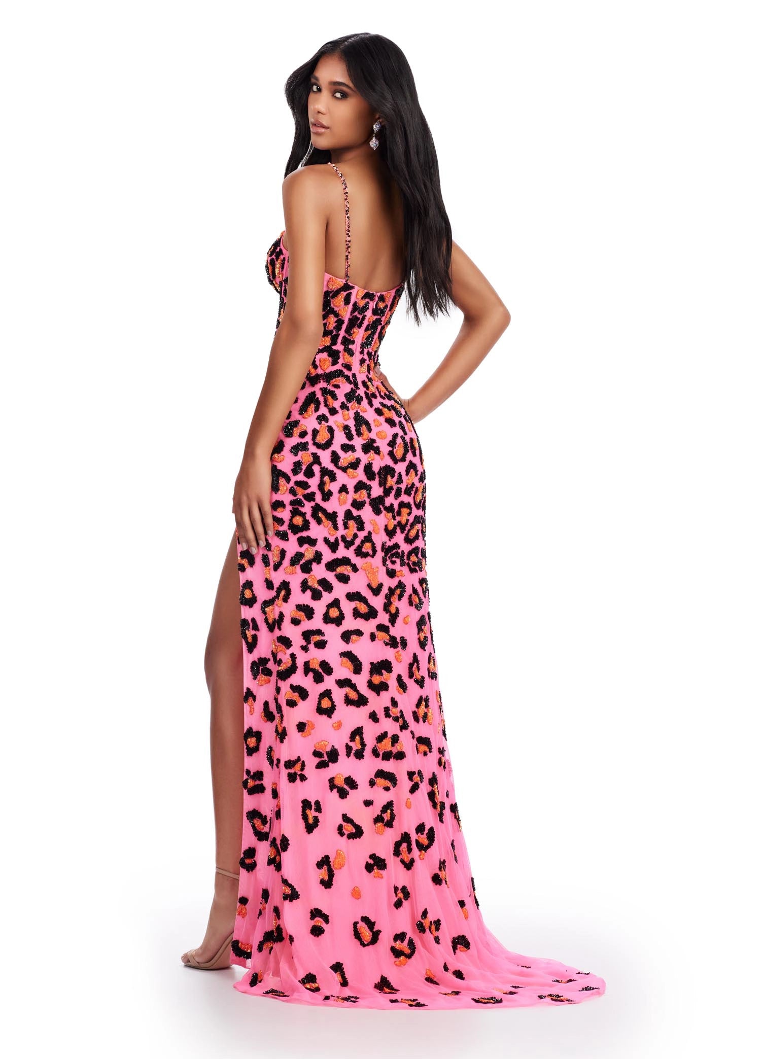 Be the belle of the ball with Ashley Lauren 11674. This beaded corset cheetah print prom dress will have you turning heads with its v-neck, floats, and slit formal gown. Stand out in sophistication and style. Who doesn't love a cheetah moment? This spaghetti strap gown is embellished in an ornate cheetah print bead pattern. The fully boned bustier is sure to provide an exceptional fit.  COLORS: Light Blue, Neon Pink