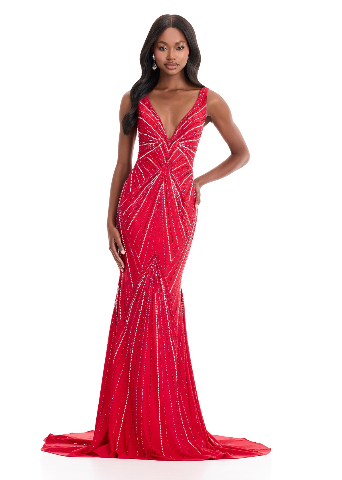 Ashley Lauren 11693 Plunging Neckline Evening Gown Stone Design