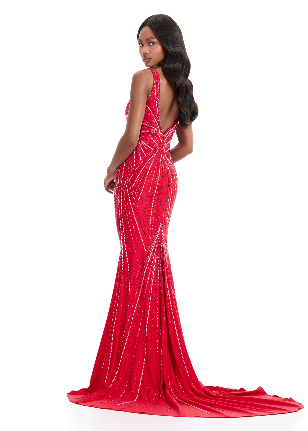 Ashley Lauren 11693 Plunging Neckline Evening Gown Stone Design