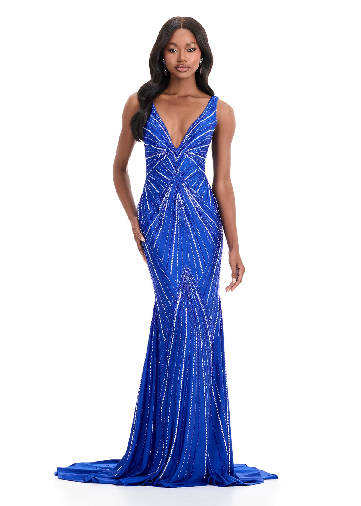 Ashley Lauren 11693 Plunging Neckline Evening Gown Stone Design