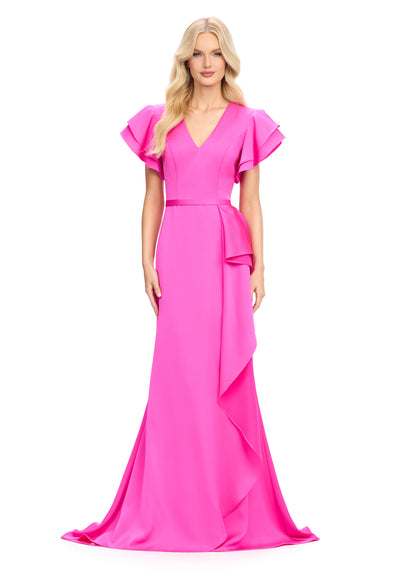 Elevate your evening look with the Ashley Lauren 11737 Crepe Evening Gown. Featuring a V neckline and elegant short ruffle sleeves, this gown is made of luxurious crepe fabric for a comfortable and flattering fit. Perfect for any special occasion, this gown will make you feel confident and stylish.