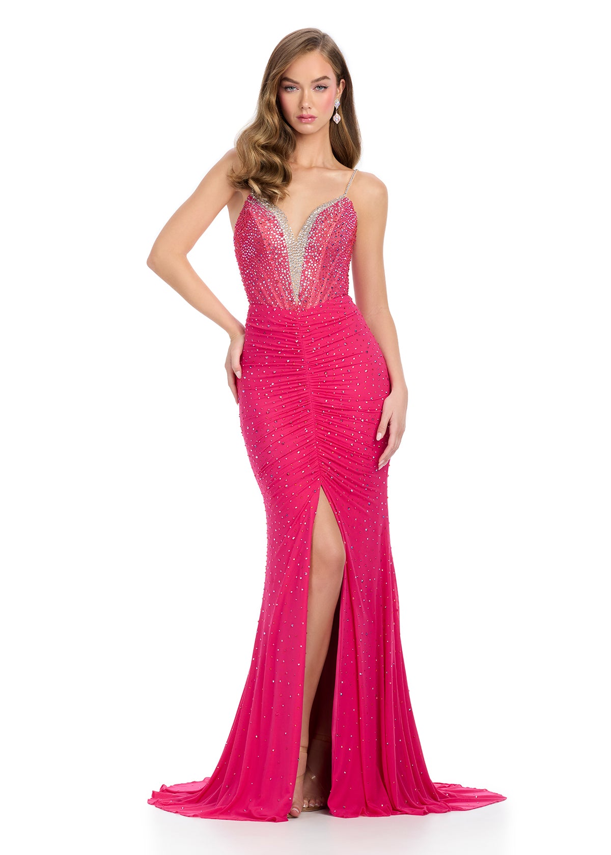 Ashley Lauren 11855 Crystal V Neckline Prom Dress Center Slit Corset Ruching Train.&nbsp;Featuring a breathtaking bustier with press on stones throughout, deep V-Neckline and center slit, this captivating gown will leave everyone in awe.

V-Neckline
Corset Bustier
Press On Stones
Middle Slit
Sizes 00-16
Fuchsia, Orange, Green, Red