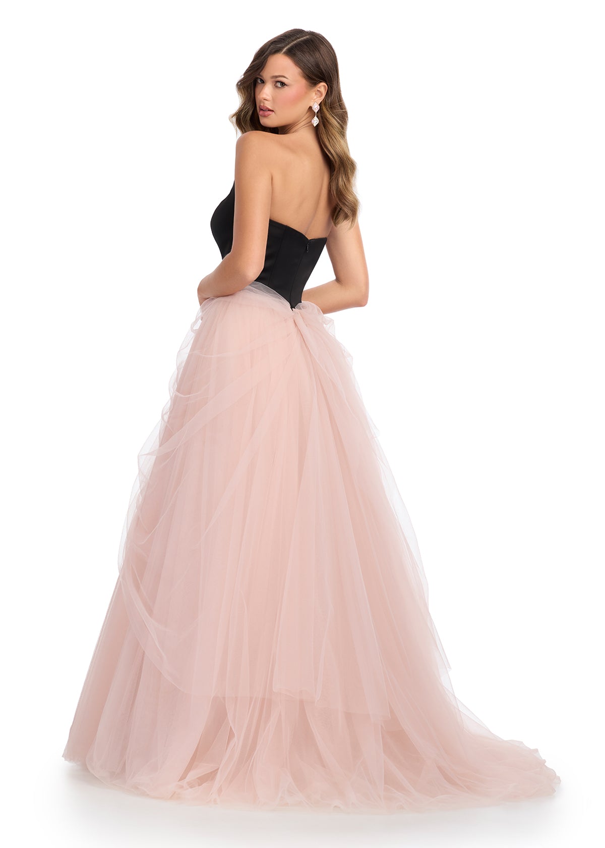 ASHLEYlauren 11984 Size 0 Black/Hot Pink Satin V Neck A Line Prom Dress Tulle Draped Ballgown Pageant Gown
