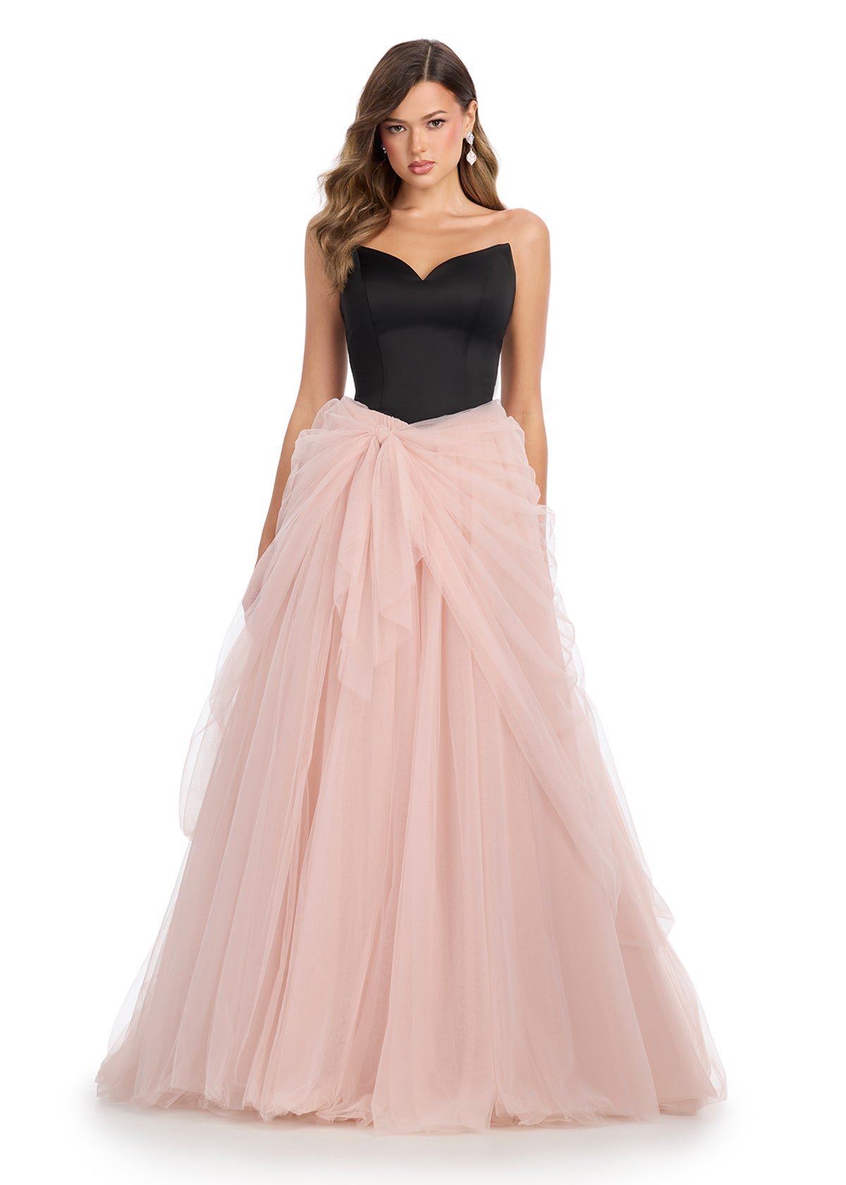 ASHLEYlauren 11984 Size 0 Black/Hot Pink Satin V Neck A Line Prom Dress Tulle Draped Ballgown Pageant Gown