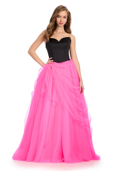 Ashley Lauren 11984 Size 0 Black/Hot Pink Satin V Neck A Line Prom Dress Tulle Draped Ballgown Pageant Gown Ashley Lauren 11984 Size 0 Black/Hot Pink Satin V Neck A Line Prom Dress Tulle Draped Ballgown Pageant Gown