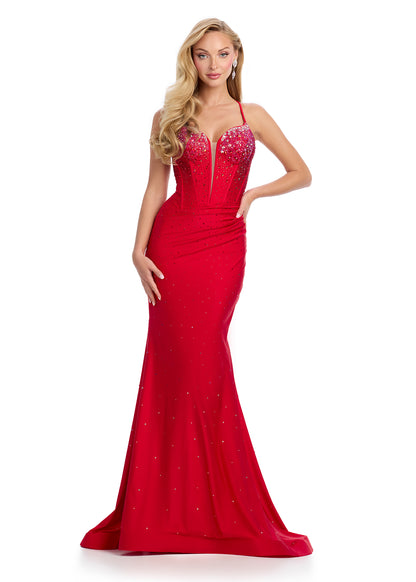 Ashley Lauren 12028 Corset Prom Dress Lycra Fit and Flare Asymmetric Waistline Hot Stones