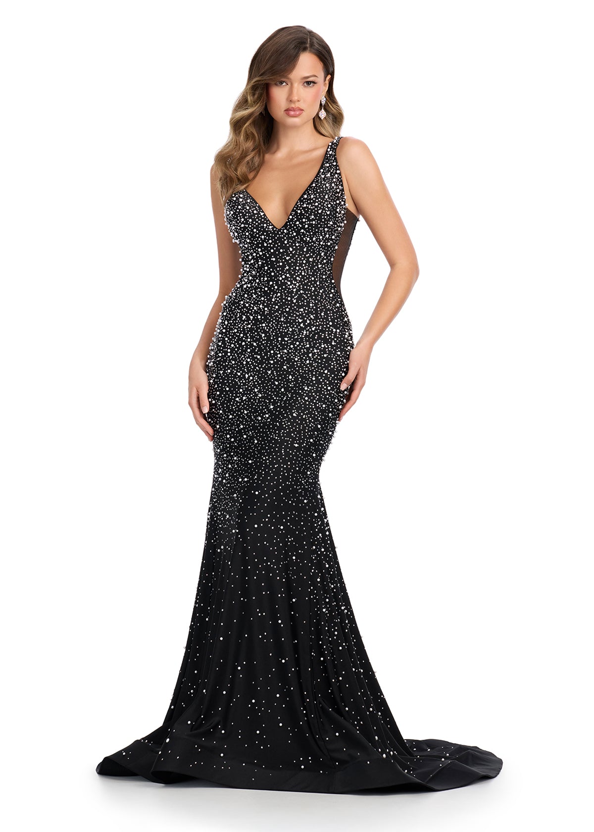 Ashley Lauren 12030 Jersey Prom Dress Hot Stones Pearls V Neckline Fit and Flare Evening Gown