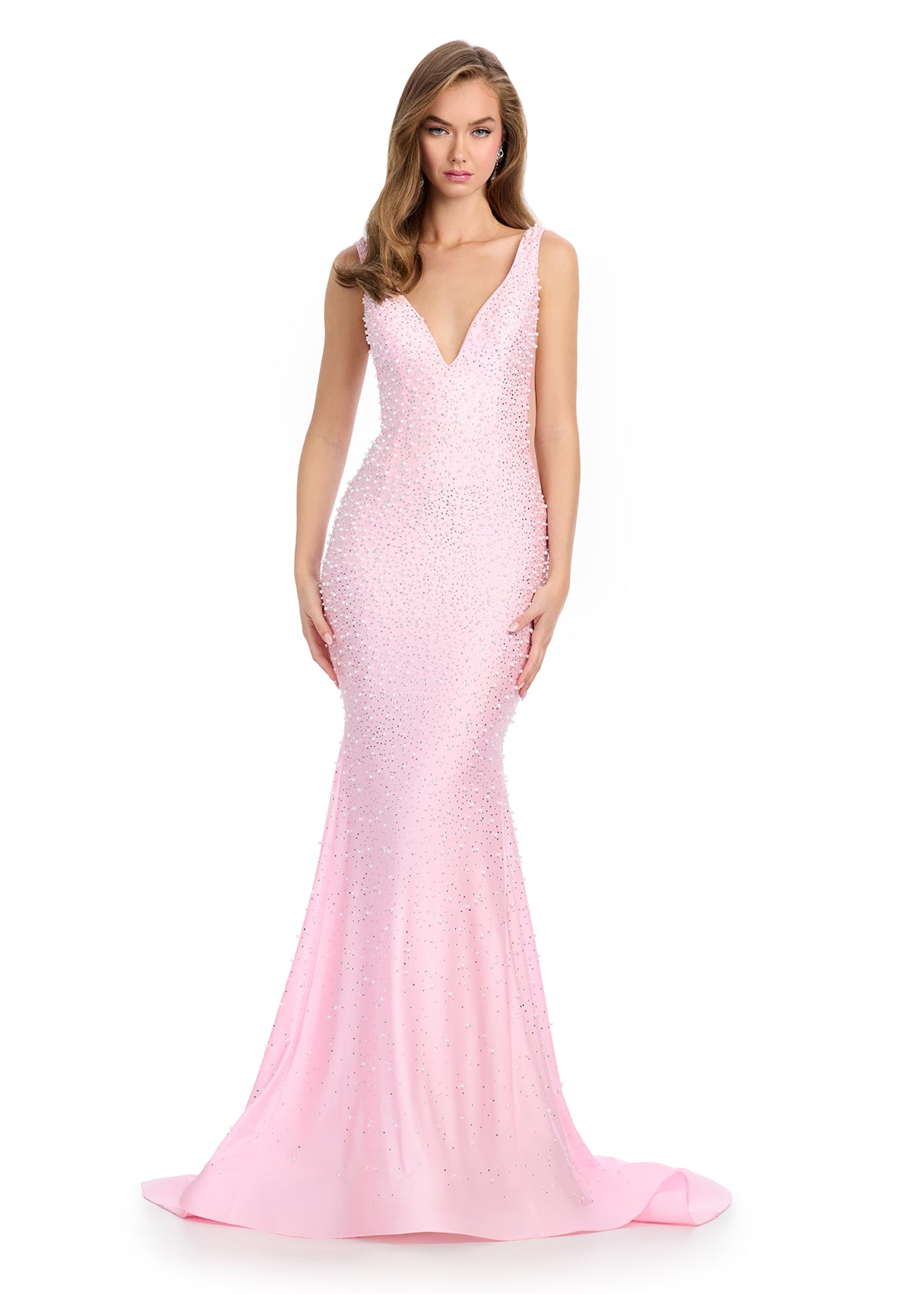 Ashley Lauren 12030 Jersey Prom Dress Hot Stones Pearls V Neckline Fit and Flare Evening Gown