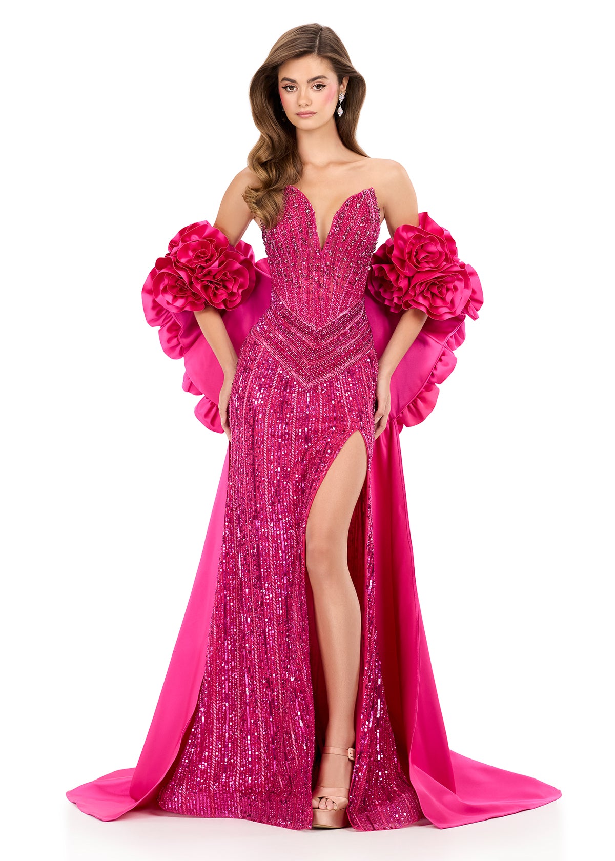 Ashleylauren Style 12040 Satin Cape Ruffled Floral Neckline
