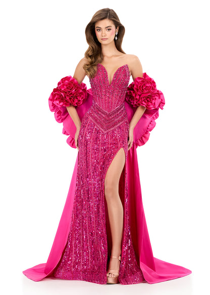 Ashleylauren Style 12040 Satin Cape Ruffled Floral Neckline