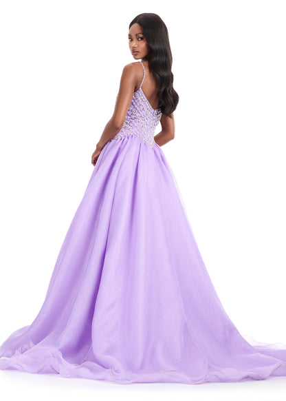 Ashley Lauren 12047 Organza Ballgown Fitted Crystal Bodice Flowy Skirt Train
