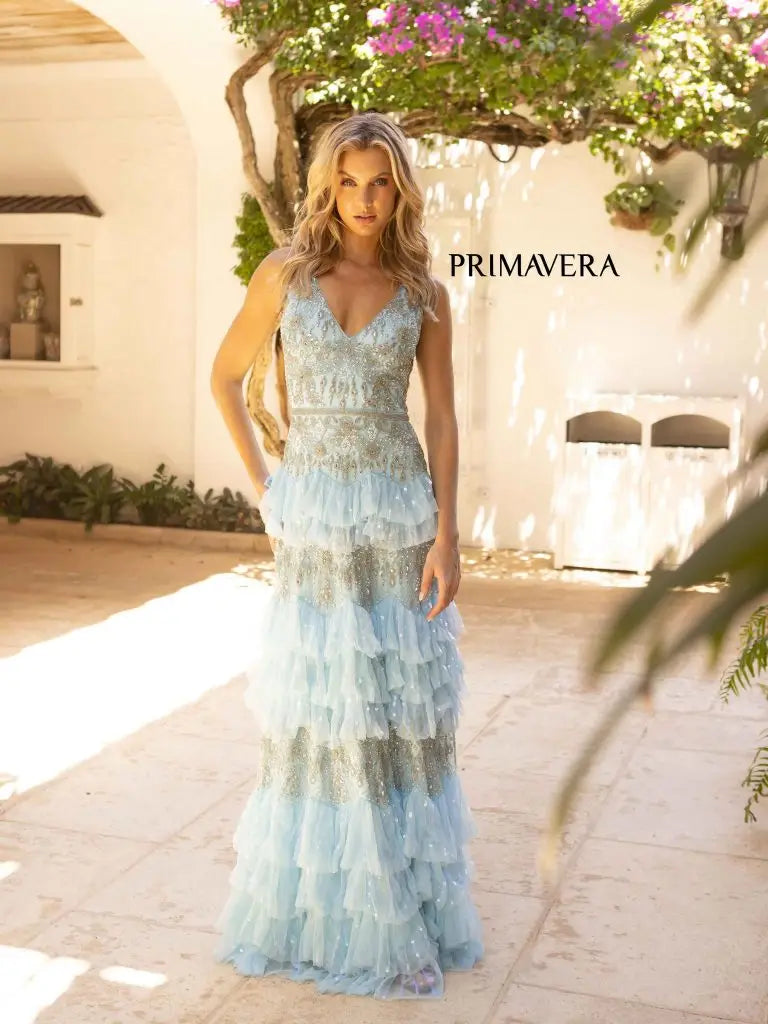 Primavera Couture 12052 Long Sequin Tulle Ruffle A Line Beaded Prom Dress Formal Gown v neckline and mid rise back. Embellished with hand beading & Sequins   Sizes: 000,00,0,2,4,6,8,10,12,14,16,18,20,22,24  Colors: Blush, Powder Blue