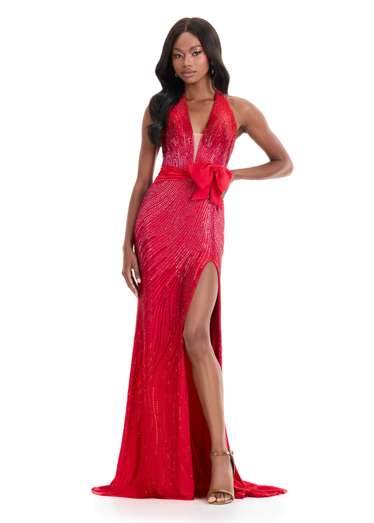 Ashley Lauren 12064 Halter Evening Gown press on crystals luxe jersey