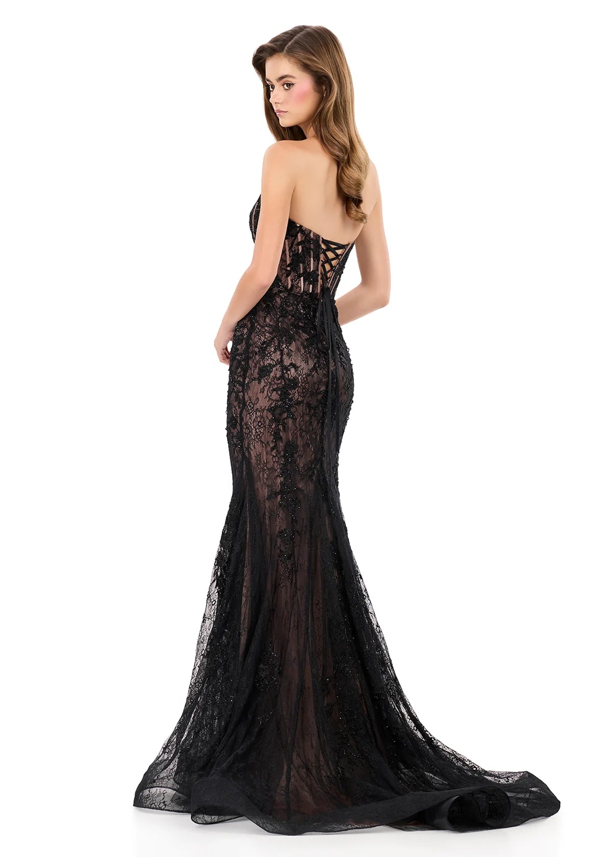 prom dresses black and nude Black Lace Nude Mesh Off-the-shoulder Elegant Prom Dress
