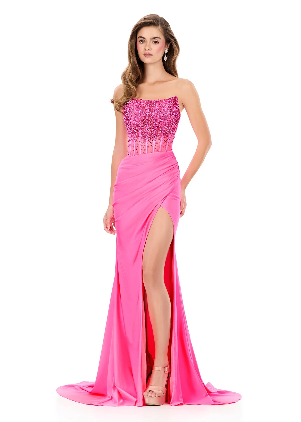 Make a grand entrance with ASHLEYlauren 12087 an elegant pearl beaded prom dress featuring a fully beaded bodice with dazzling press-on sequins. The figure-flattering silhouette showcases a ruched side slit skirt with a sweeping train, perfect for proms, galas, or formal occasions.

Available in Lilac, Black, Ice Pink, Sky, White, Red, Pink
Ideal for Proms, Galas, Formal Occasions
Jersey Fabric with Press-On Sequin Beading, Fitted Bodice, Ruched Side Slit Skirt, and Sweeping Train

This gown offers a fitted