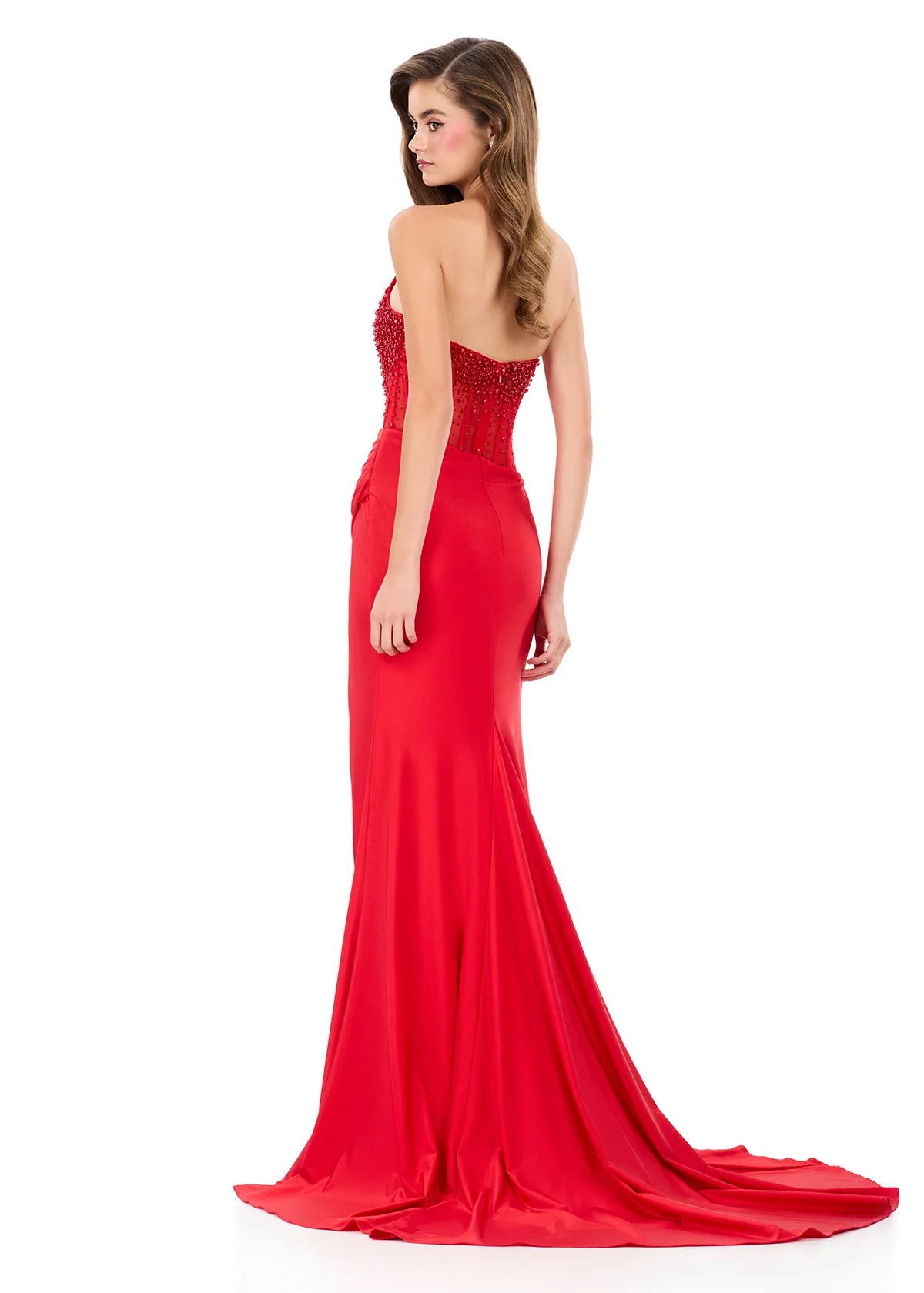 Make a grand entrance with ASHLEYlauren 12087 an elegant pearl beaded prom dress featuring a fully beaded bodice with dazzling press-on sequins. The figure-flattering silhouette showcases a ruched side slit skirt with a sweeping train, perfect for proms, galas, or formal occasions.

Available in Lilac, Black, Ice Pink, Sky, White, Red, Pink
Ideal for Proms, Galas, Formal Occasions
Jersey Fabric with Press-On Sequin Beading, Fitted Bodice, Ruched Side Slit Skirt, and Sweeping Train

This gown offers a fitted