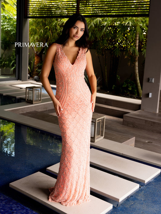 Get ready to turn heads in the elegant Primavera Couture 12102 Long Beaded Formal Evening Dress! With a stunning sequin design and scallop V neck, this backless prom gown will make you stand out from the crowd. Get ready to feel confident and glamorous at any formal event.  Sizes: 000-18  Colors: Coral, Nude/Silver