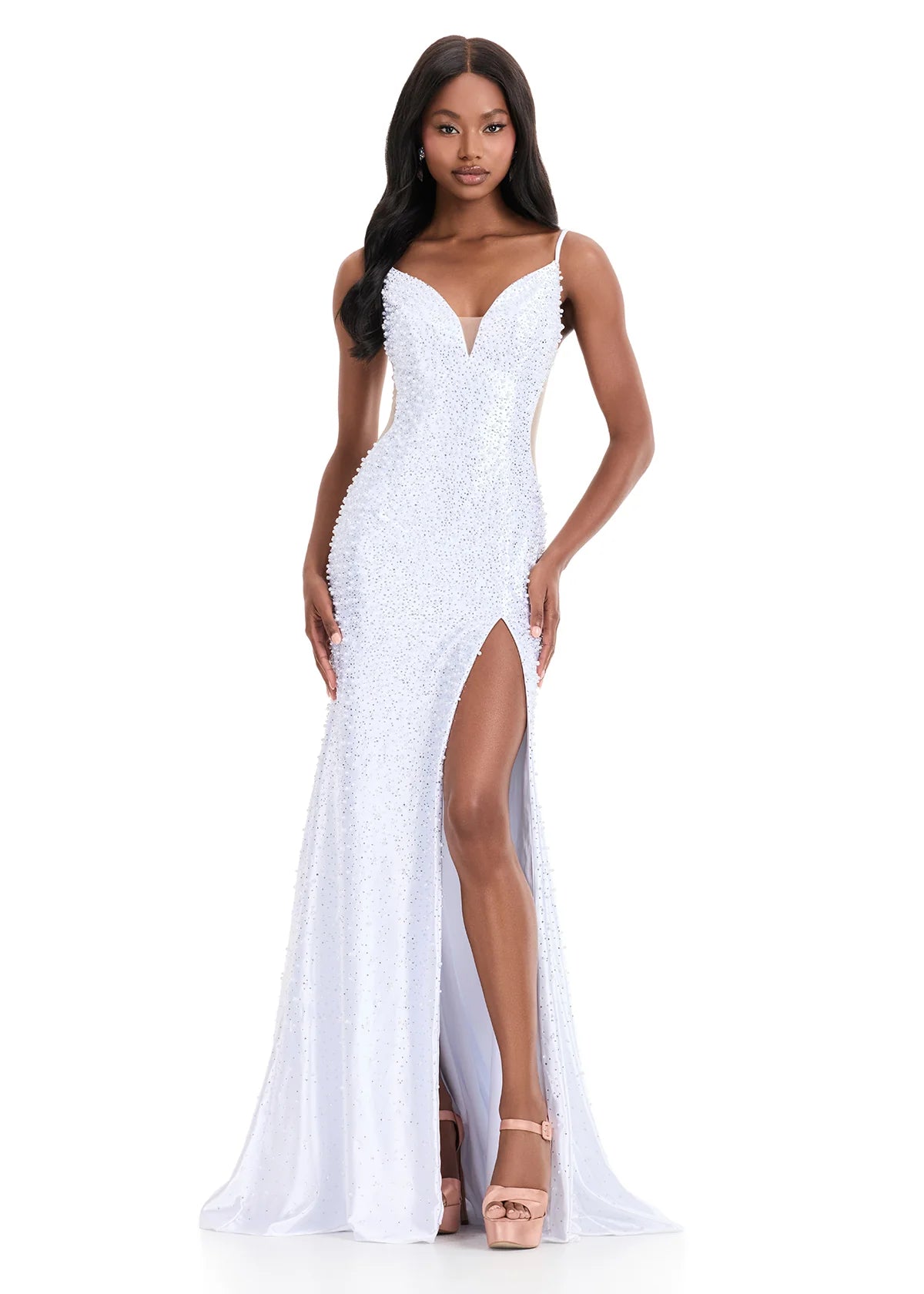 ASHLEYlauren Style 12155 Long Fitted Pearl Prom Dress Pageant Formal Evening Gown 4 / White