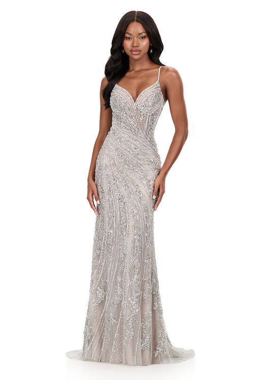 ASHLEYlauren 12222 Fully encrusted sweetheart neckline with neck choker and left leg slit.
