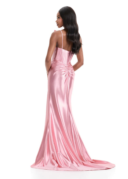 Ashley Lauren 12239 Prom Dress Bows. Step into the spotlight in this romantic shimmer jersey gown complete with oversized bow detailed straps, a sweetheart neckline, and flattering wrap skirt. ASHLEYlauren Style 12239 has a fitted silhouette that hugs your curves before flowing into a soft, elegant skirt with sweep train.