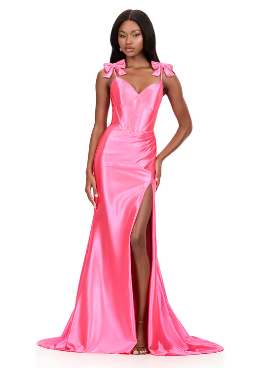 Ashley Lauren 12239 Size 6 Pink Bow Prom Dress Jersey Gown
